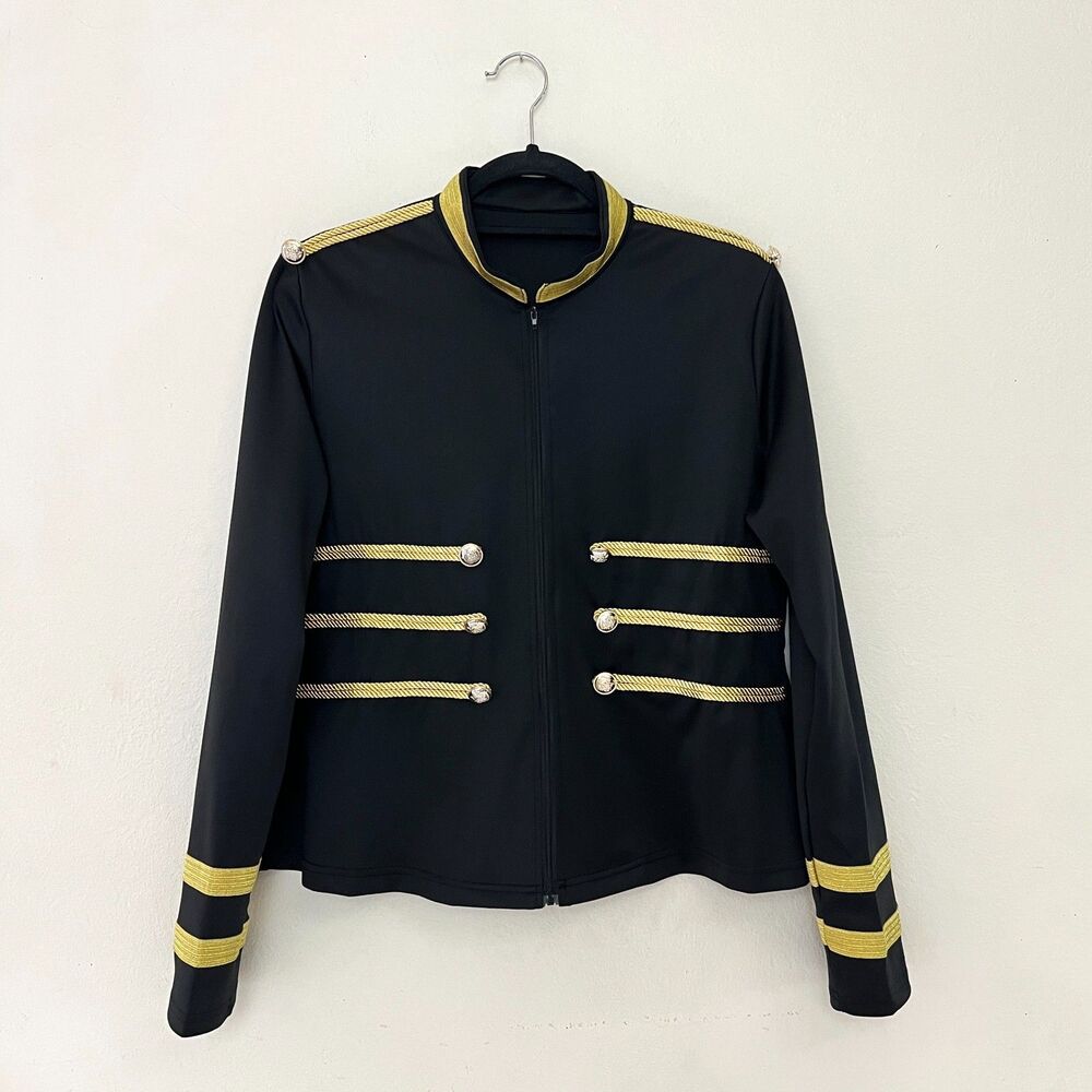 Black Zip-Up Military-Style Marching Band Jacket Costume Gold Trim Women's 2XL